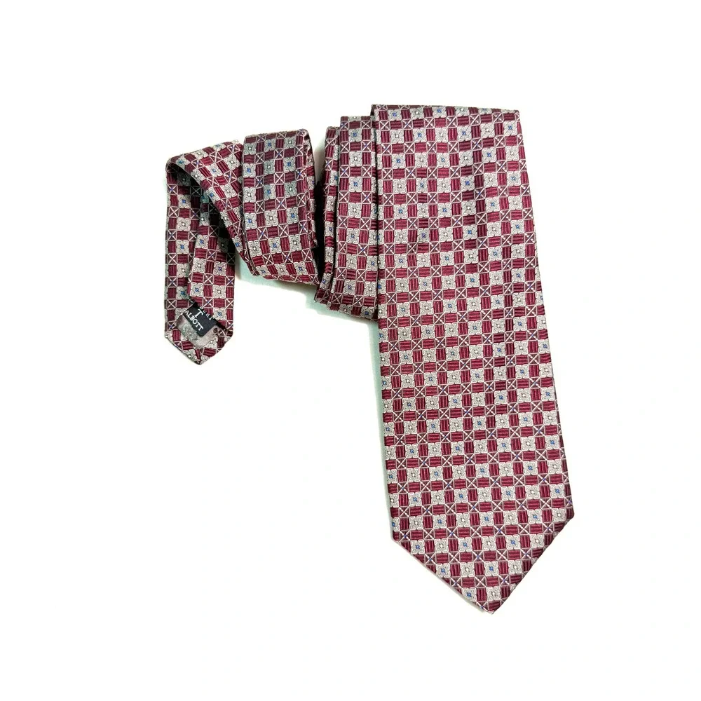 Robert Talbott Best of Class Hubert White Silk Tie Burgundy Geometric Hand Sewn